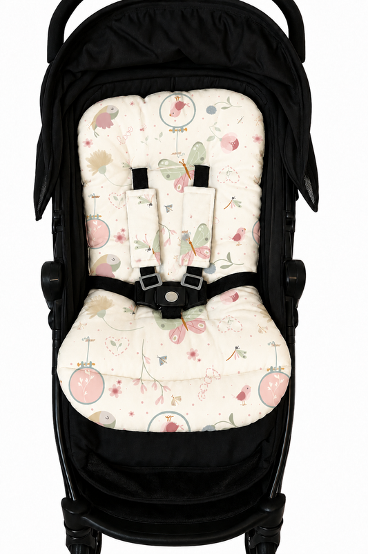 Kit Colchonetes 3 Peças para Carrinho & Bebê Conforto + Protetores de Cinto Borboletas Verso Rosê