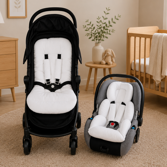 Kit Colchonetes 3 Peças para Carrinho & Bebê Conforto + Protetores de Cinto Branco