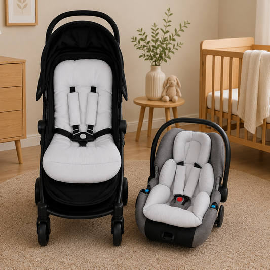 Kit Colchonetes 3 Peças para Carrinho & Bebê Conforto + Protetores de Cinto Cinza