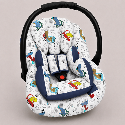Kit para Bebê Conforto 3 Peças Dupla Face Dino Carros Verso Azul Marinho