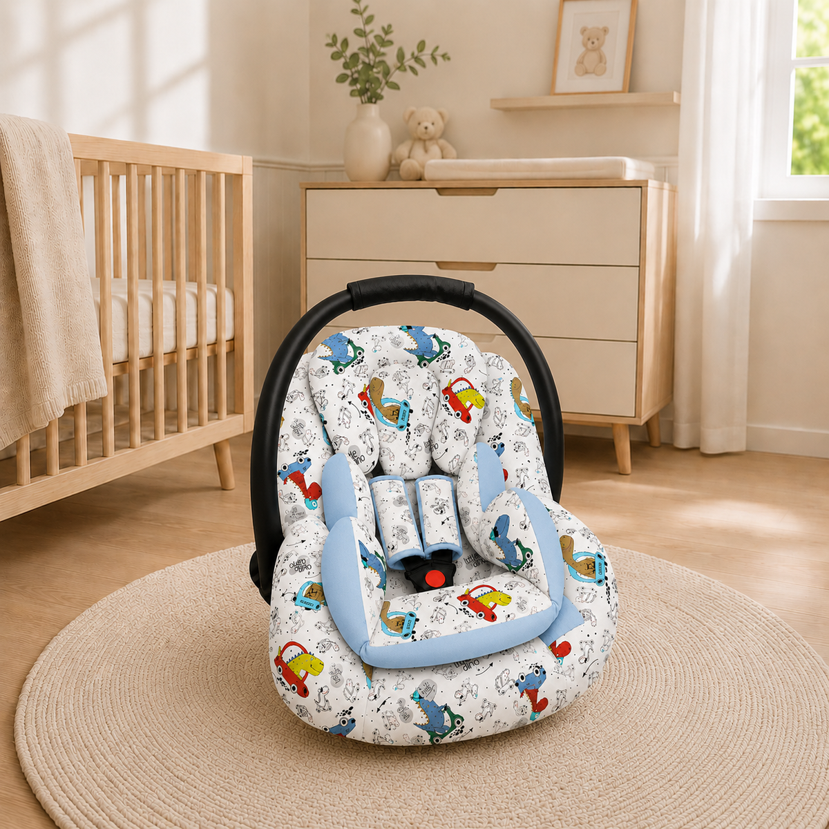 Kit para Bebê Conforto 3 Peças Dupla Face Dino Carros Verso Azul Bebê