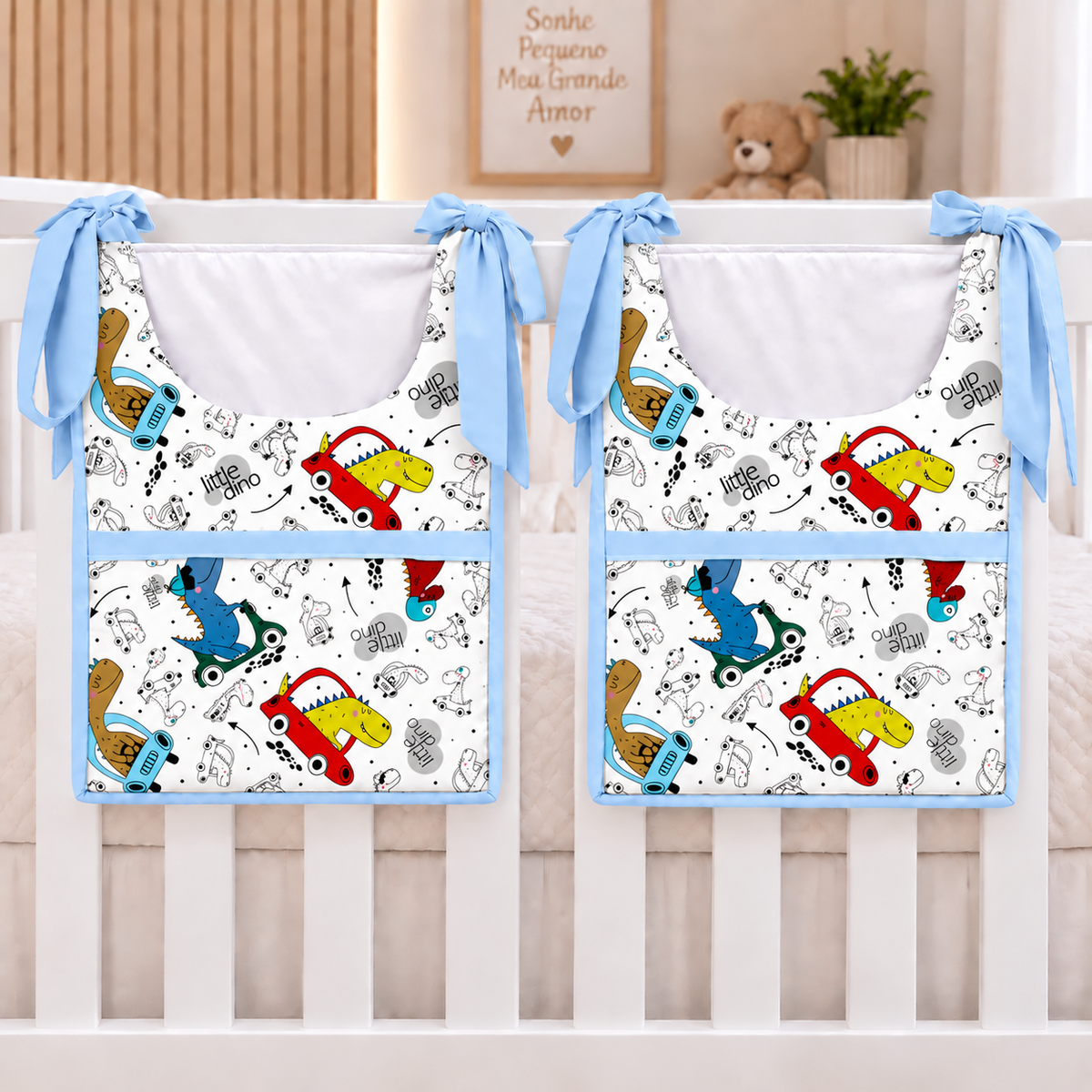 Porta Fraldas ou Porta Treco de Varal Dino Carros c/ Azul Bebê