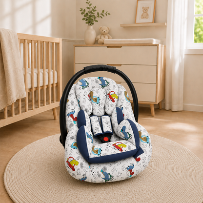 Kit para Bebê Conforto 4 Peças Dupla Face com Capota Tenda Dino Carros Verso Marinho