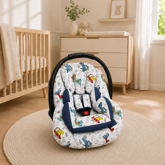 Kit para Bebê Conforto 3 Peças Dupla Face Dino Carros Verso Azul Marinho
