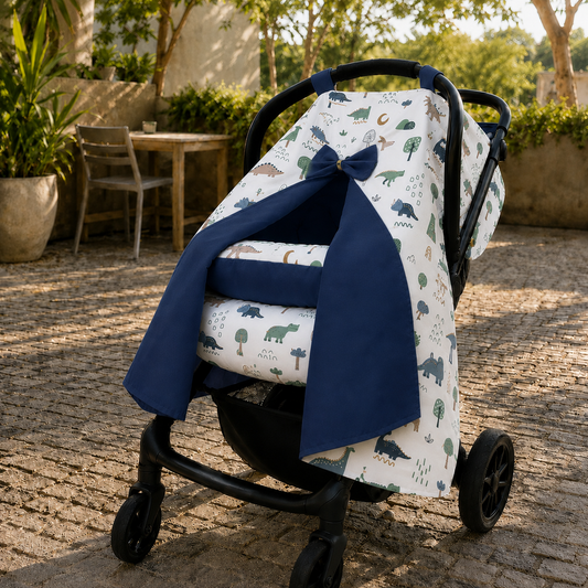 Kit para Bebê Conforto 4 Peças Dupla Face com Capota Tenda Dino MLH Verso Marinho