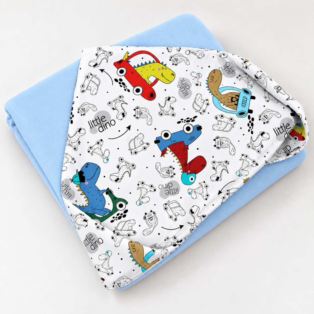 Toalha de Banho com Capuz Forrada Plush Atoalhado Premium 1M x 70cm Dino Carros c/ Azul Bebê
