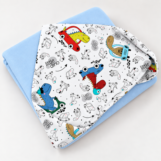 Toalha de Banho com Capuz Forrada Plush Atoalhado Premium 1M x 70cm Dino Carros c/ Azul Bebê