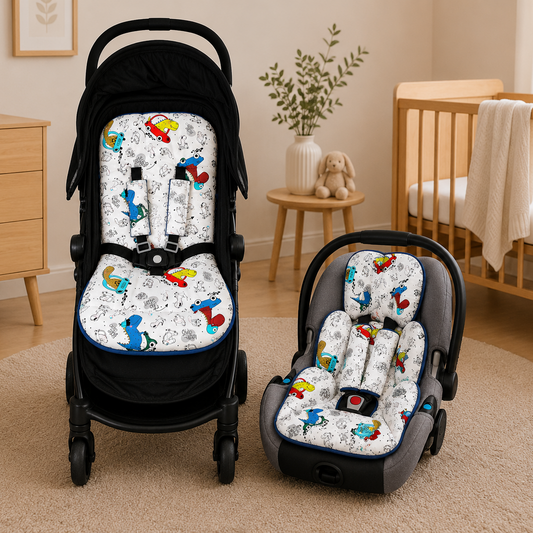 Kit Colchonetes 3 Peças para Carrinho & Bebê Conforto + Protetores de Cinto Dino Carros Verso Marinho