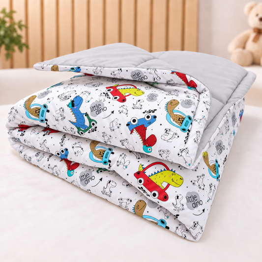 Edredom Estampado Dupla Face para Berço Americano Dino Carros c/ Cinza