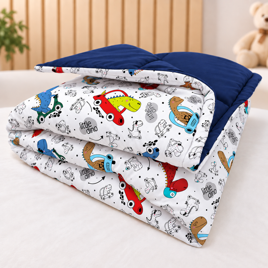 Edredom Estampado Dupla Face para Mini Berço Dino Carros c/ Marinho