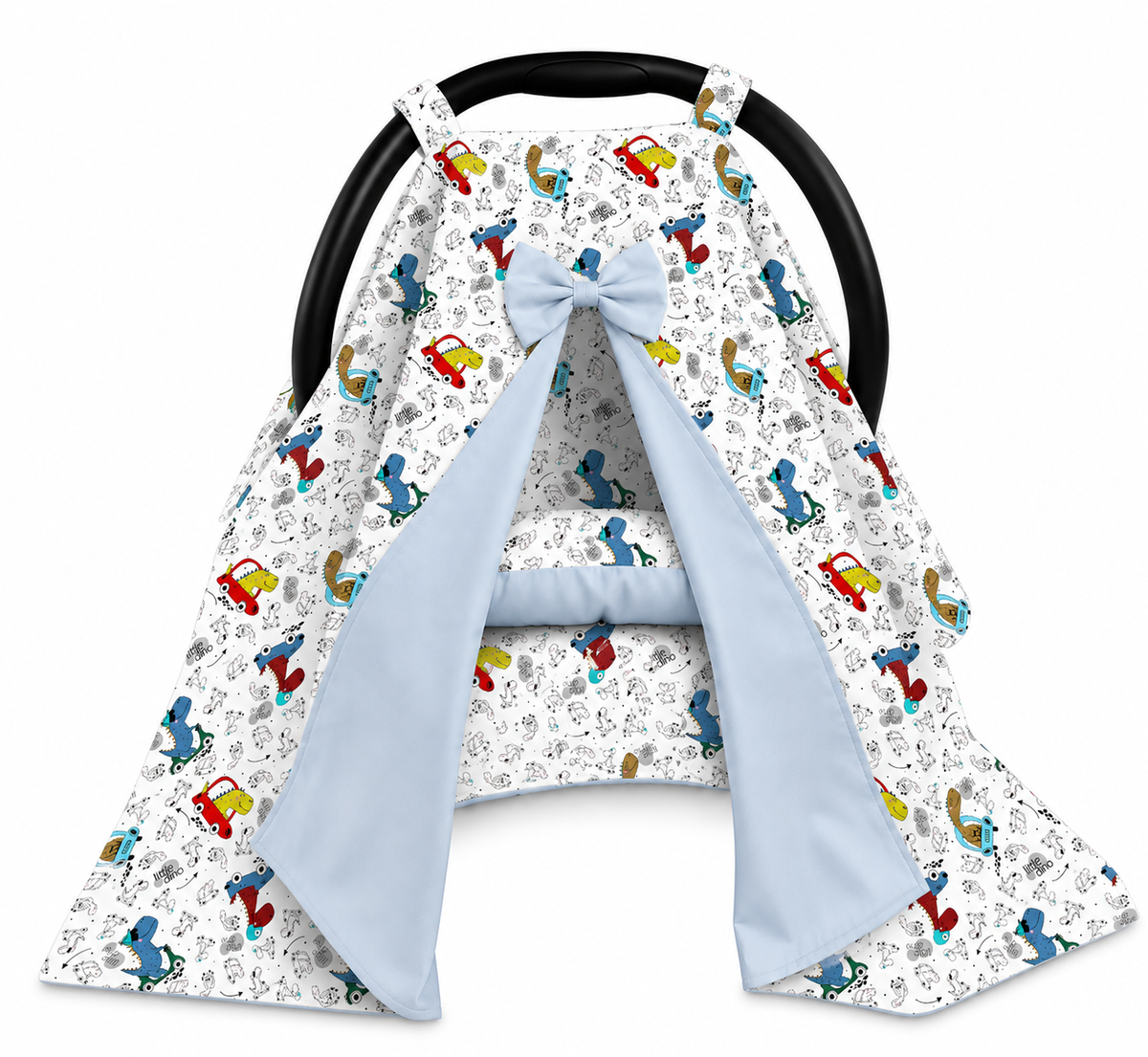 Kit para Bebê Conforto 4 Peças Dupla Face com Capota Tenda Dino Carros Verso Azul Bebê
