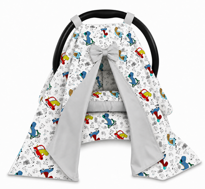 Kit para Bebê Conforto 4 Peças Dupla Face com Capota Tenda Dino Carros Verso Cinza