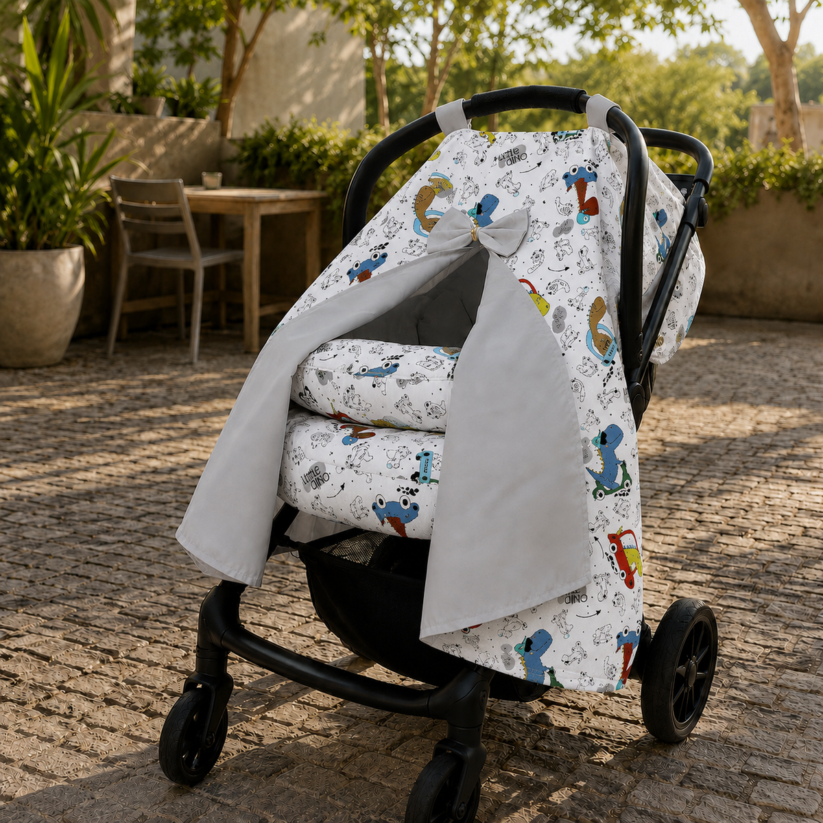 Kit para Bebê Conforto 4 Peças Dupla Face com Capota Tenda Dino Carros Verso Cinza