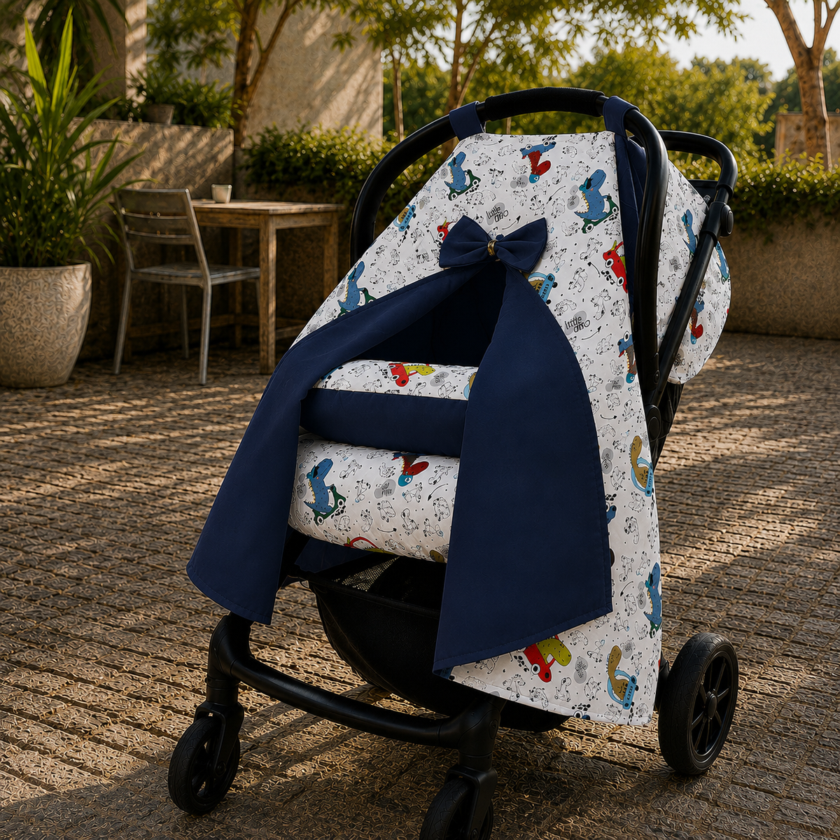Kit para Bebê Conforto 4 Peças Dupla Face com Capota Tenda Dino Carros Verso Marinho