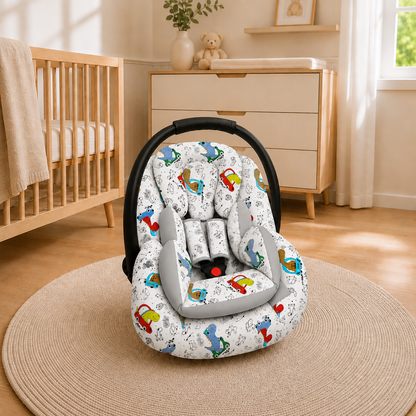 Kit para Bebê Conforto 4 Peças Dupla Face com Capota Tenda Dino Carros Verso Cinza