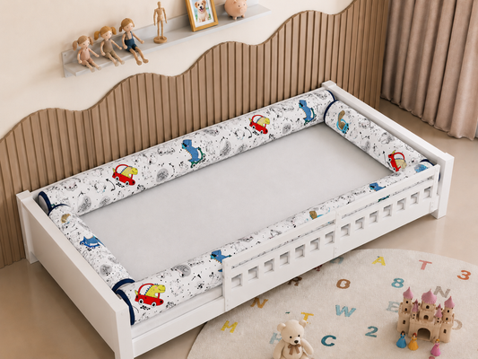 Kit Rolinhos 4 Peças para Cama Solteiro Dino Carros c/ Azul Marinho