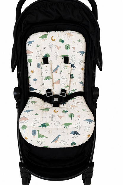 Kit Colchonetes 3 Peças para Carrinho & Bebê Conforto + Protetores de Cinto Dino MLH Verso Verde Menta