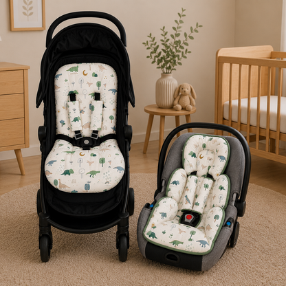 Kit Colchonetes 3 Peças para Carrinho & Bebê Conforto + Protetores de Cinto Dino MLH Verso Verde Menta