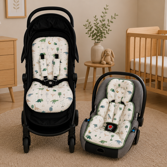 Kit Colchonetes 3 Peças para Carrinho & Bebê Conforto + Protetores de Cinto Dino MLH Verso Verde Menta
