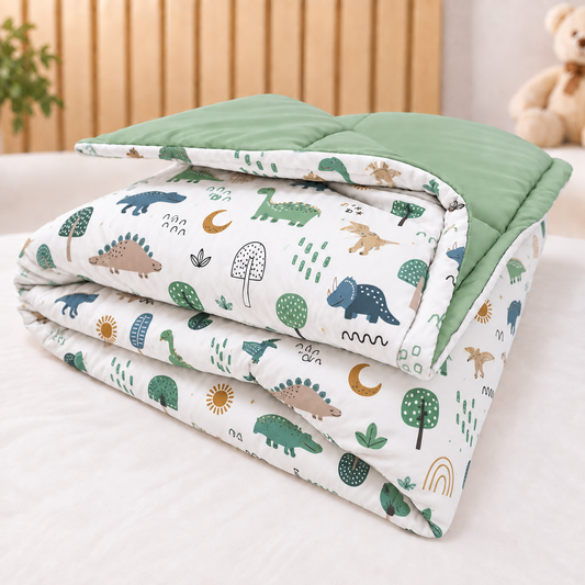 Edredom Estampado Dupla Face para Berço Americano Dino MLH c/ Verde Menta
