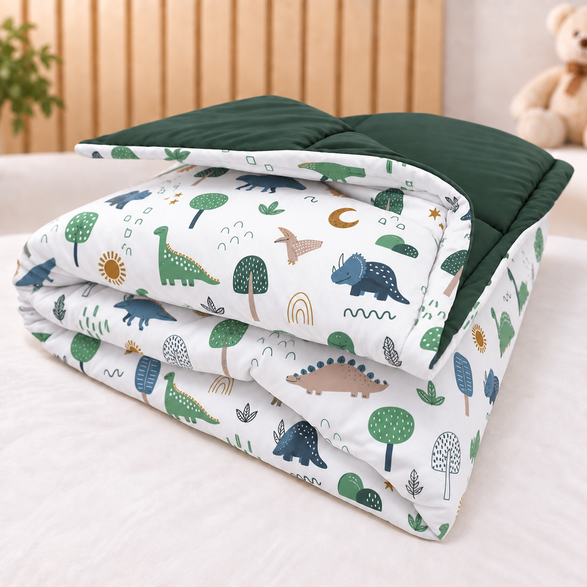 Edredom Estampado Dupla Face para Berço Americano Dino MLH c/ Verde Escuro