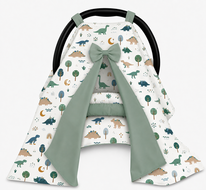 Kit para Bebê Conforto 4 Peças Dupla Face com Capota Tenda Dino MLH Verso Menta