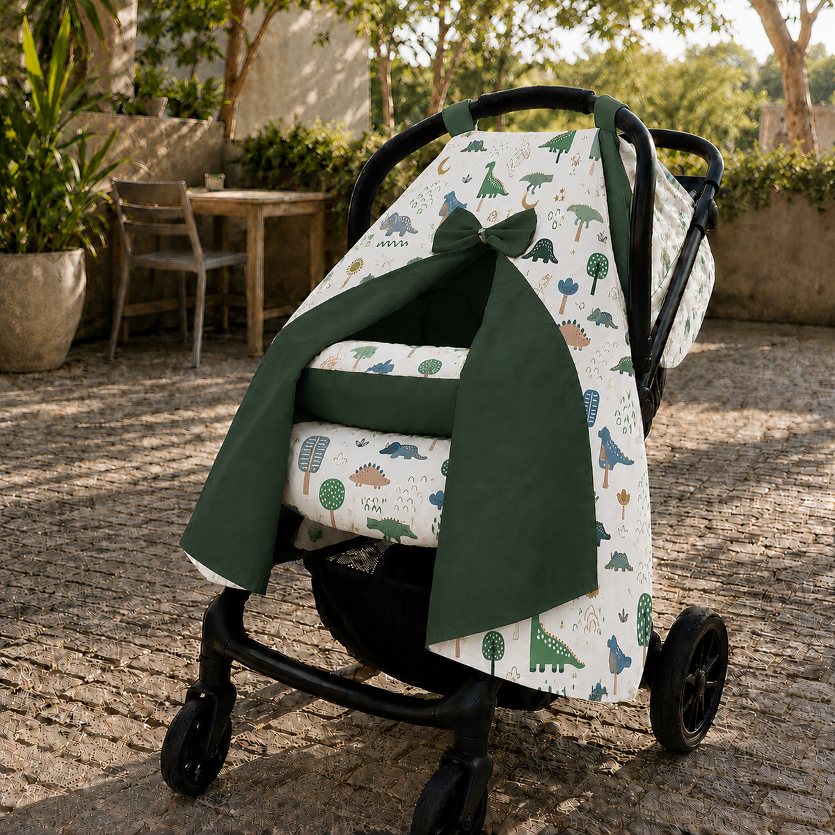 Kit para Bebê Conforto 4 Peças Dupla Face com Capota Tenda Dino MLH Verso Verde Escuro