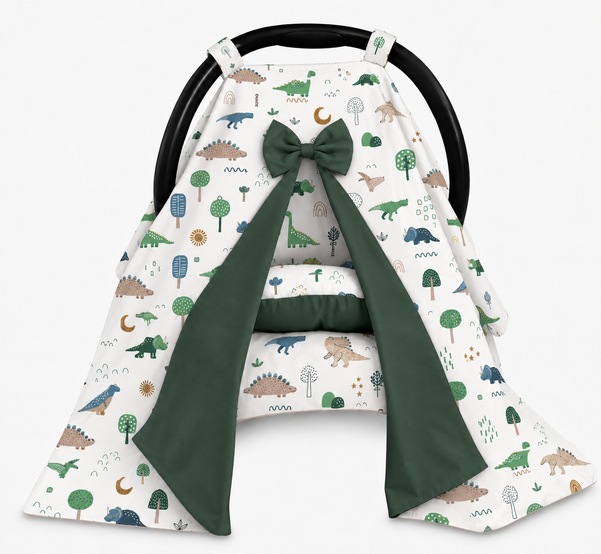 Kit para Bebê Conforto 4 Peças Dupla Face com Capota Tenda Dino MLH Verso Verde Escuro