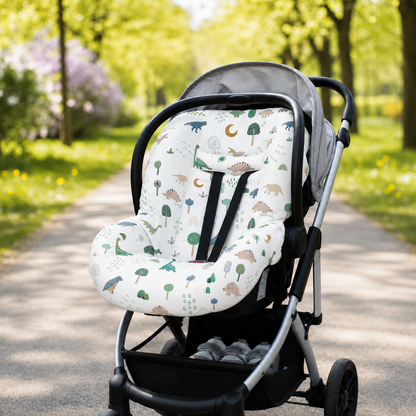 Kit para Bebê Conforto 4 Peças Dupla Face com Capota Tenda Dino MLH Verso Verde Escuro