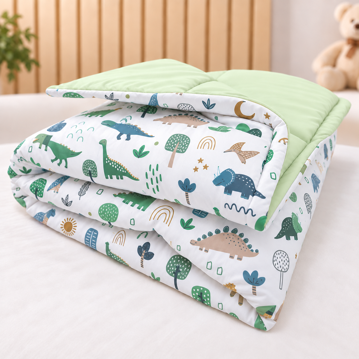 Edredom Estampado Dupla Face para Mini Berço Dino MLH c/ Verde