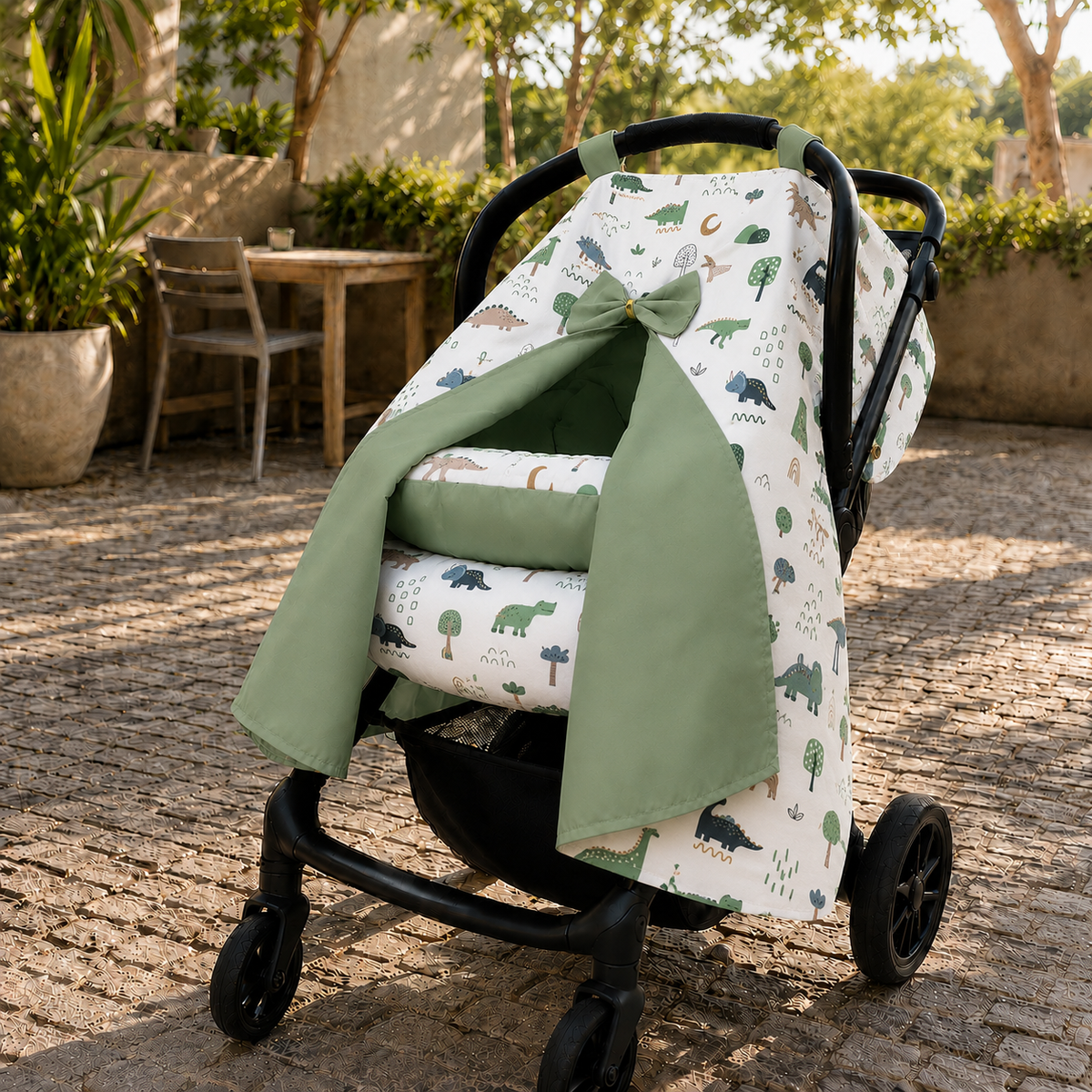Kit para Bebê Conforto 4 Peças Dupla Face com Capota Tenda Dino MLH Verso Menta