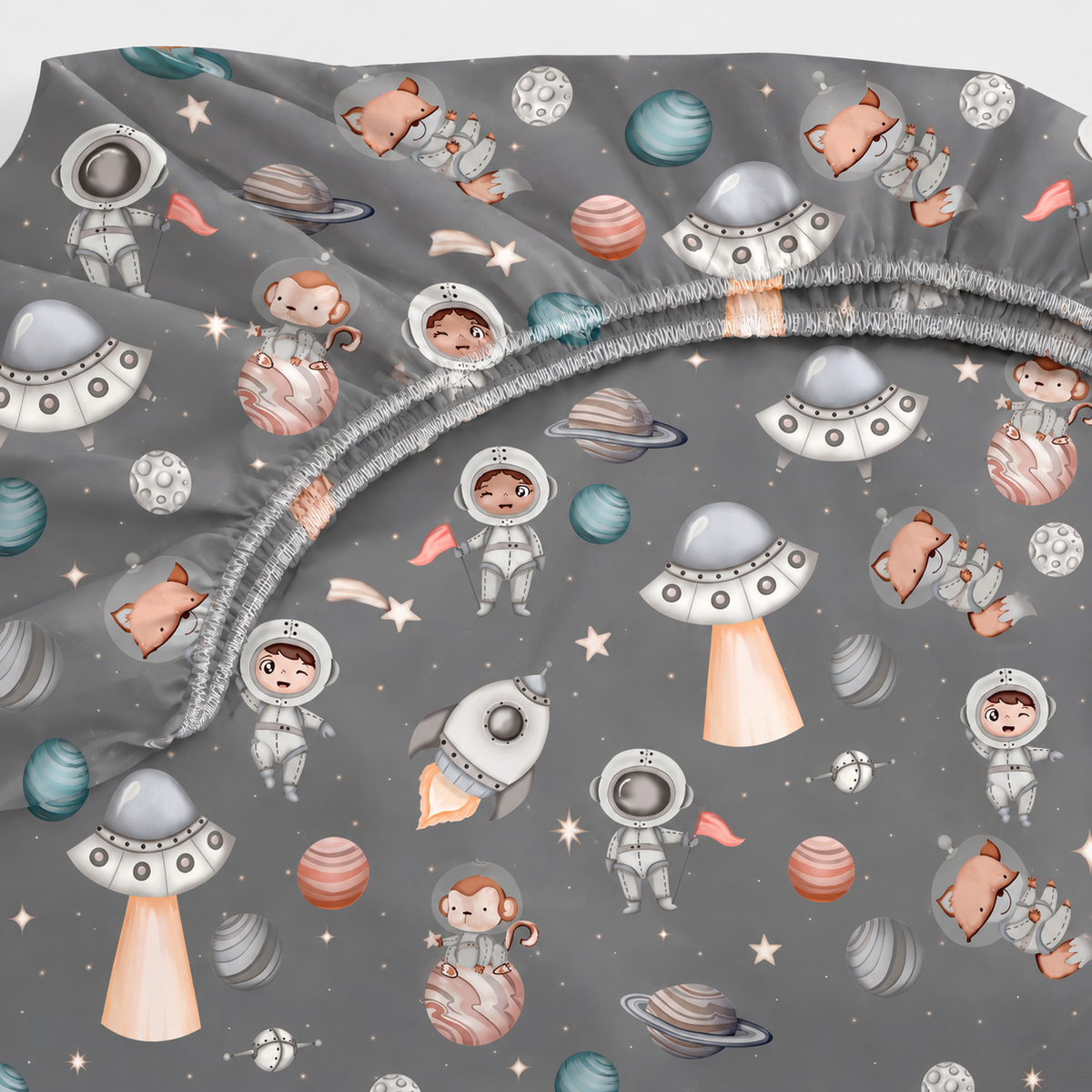 Lençol Estampado para Mini Berço 100% Algodão Espaço Cinza