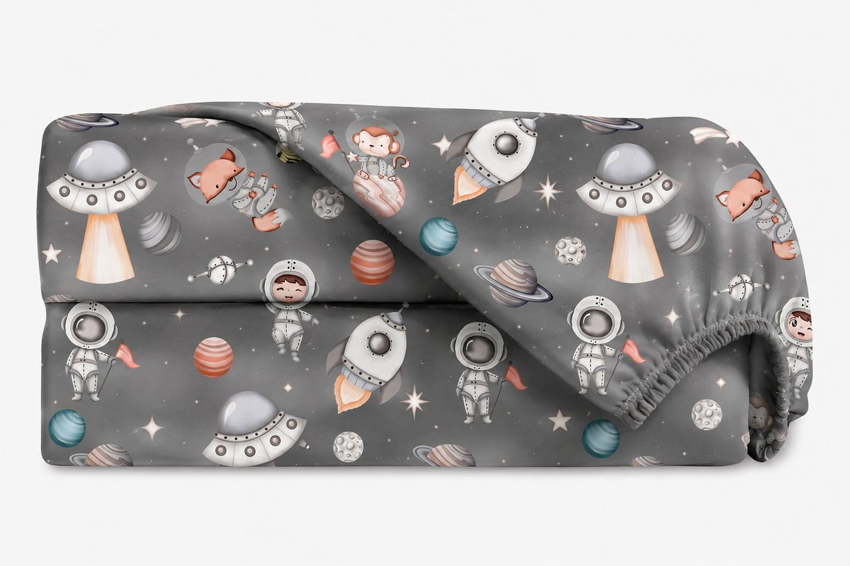 Lençol Estampado para Mini Berço 100% Algodão Espaço Cinza