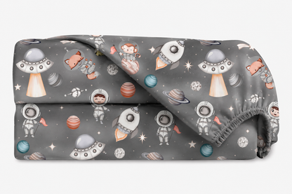 Lençol Estampado para Mini Berço 100% Algodão Espaço Cinza