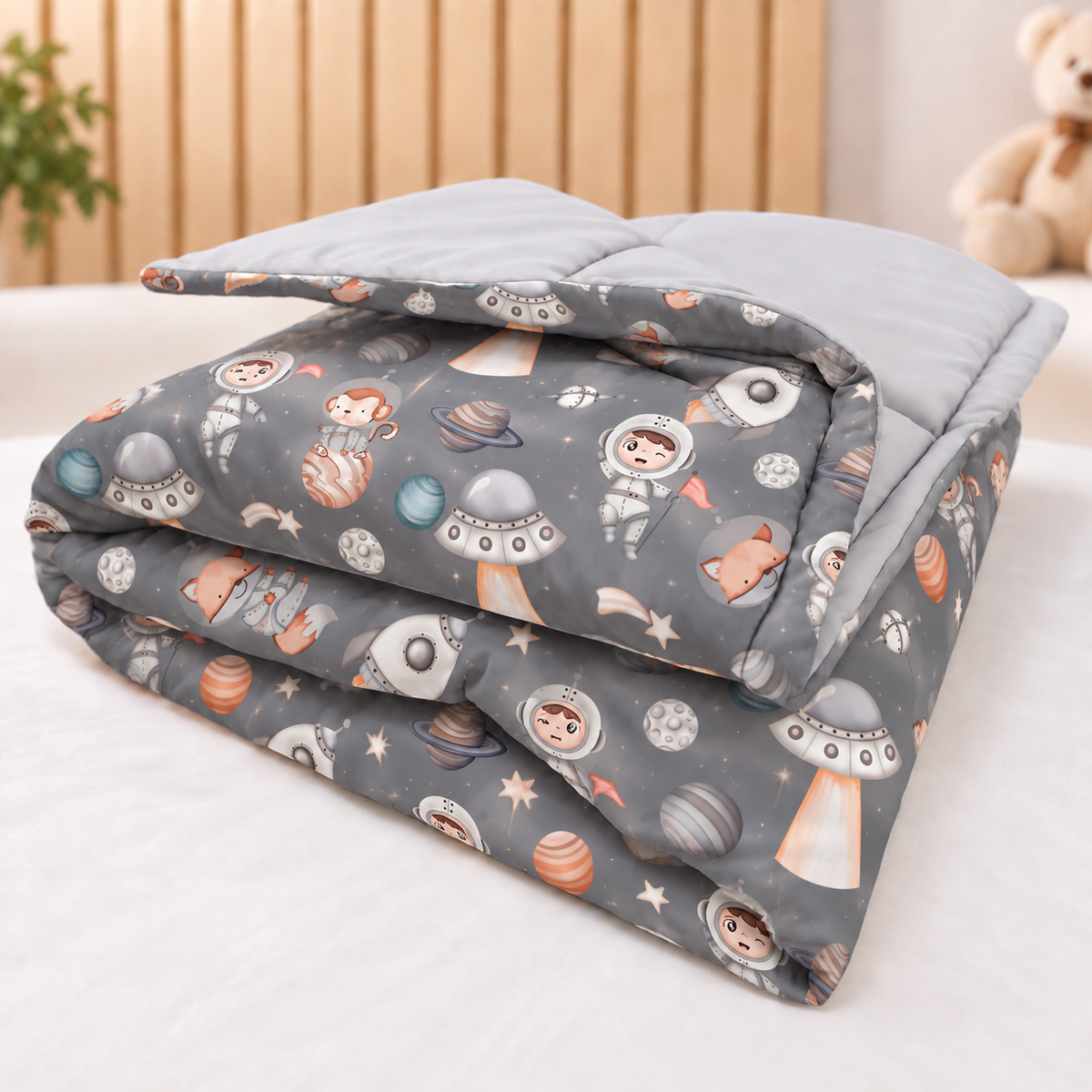 Edredom Estampado Dupla Face para Mini Berço Espaço Cinza