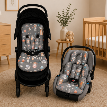 Kit Colchonetes 3 Peças para Carrinho & Bebê Conforto + Protetores de Cinto Espaço Cinza Verso Cinza