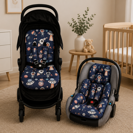 Kit Colchonetes 3 Peças para Carrinho & Bebê Conforto + Protetores de Cinto Espaço Marinho Verso Marinho