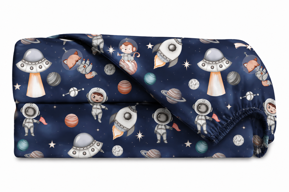 Lençol Estampado para Berço 100% Algodão Espaço Marinho