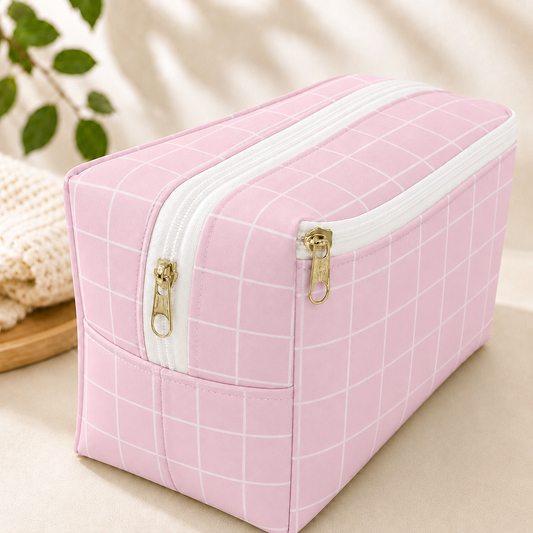 Necessaire Porta Fraldas e Lenço Umedecido 3 Compartimentos Grid Rosa