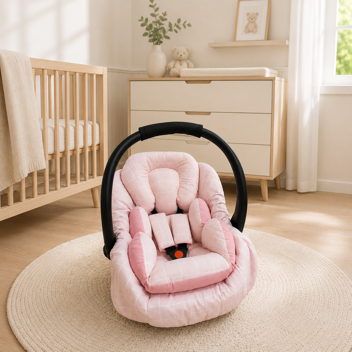 Kit para Bebê Conforto 3 Peças Dupla Face Grid Rosa Verso Rosa