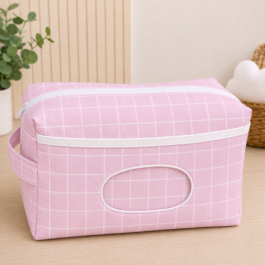 Necessaire Porta Fraldas e Lenço Umedecido 3 Compartimentos Grid Rosa