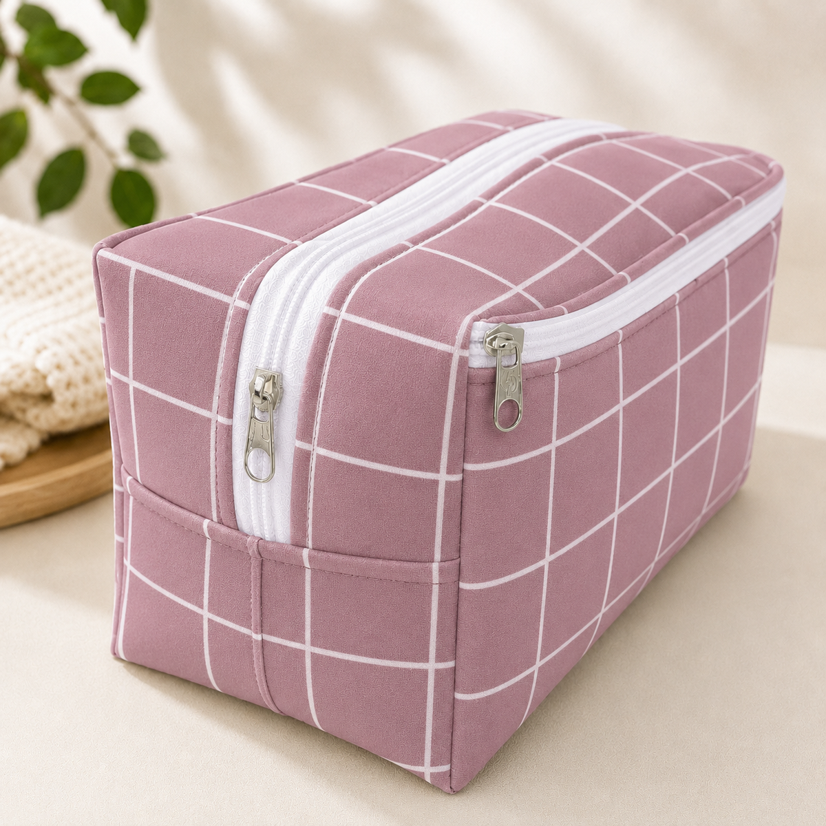 Necessaire Porta Fraldas e Lenço Umedecido 3 Compartimentos Grid Rosê