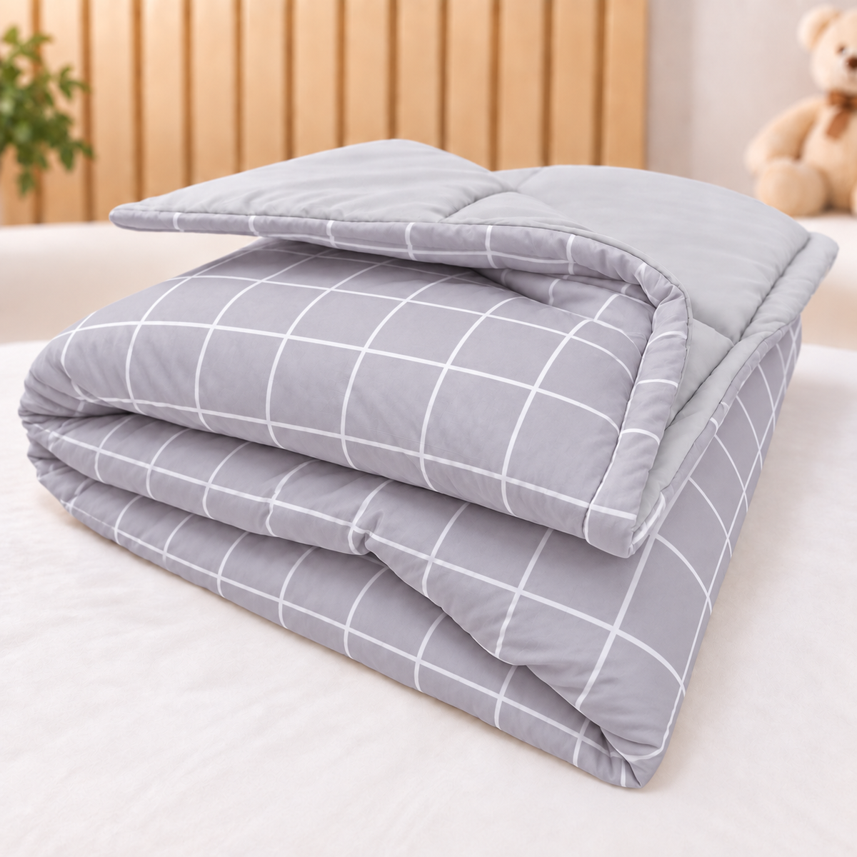 Edredom Estampado Dupla Face para Mini Berço Grid Cinza