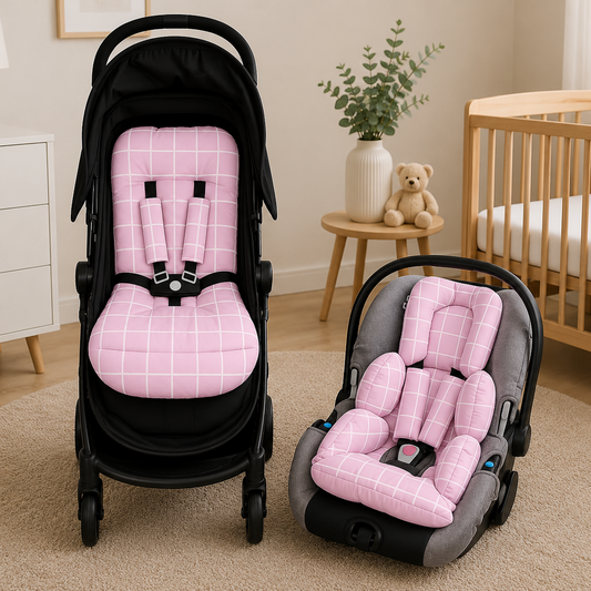 Kit Colchonetes 3 Peças para Carrinho & Bebê Conforto + Protetores de Cinto Grid Rosa Verso Rosa