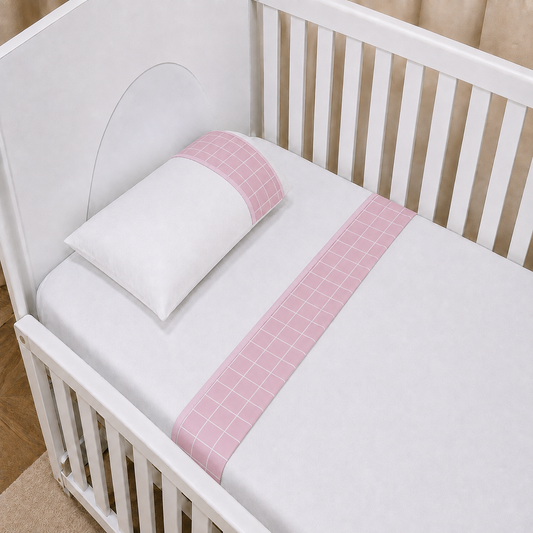 Jogo de Lençol para Berço Padrão 3 Peças Grid Rosa | Percal Premium