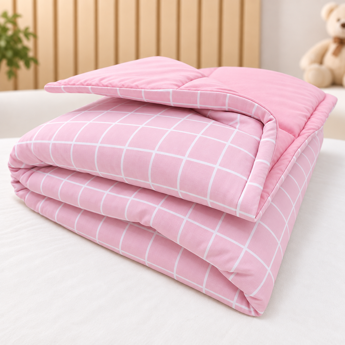 Edredom Estampado Dupla Face para Berço Americano Grid Rosa