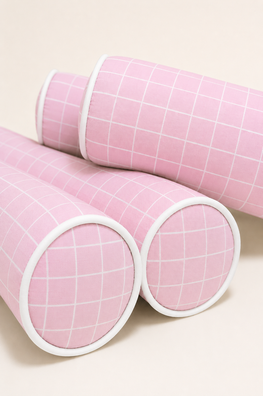 Kit Rolinhos 4 Peças para Cama Casal Grid Rosa
