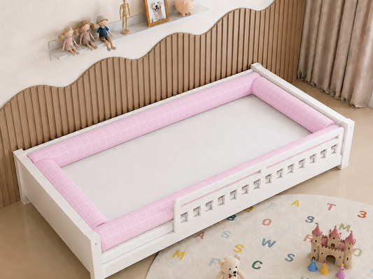 Kit Rolinhos 4 Peças para Cama Solteiro Grid Rosa c/ Branco