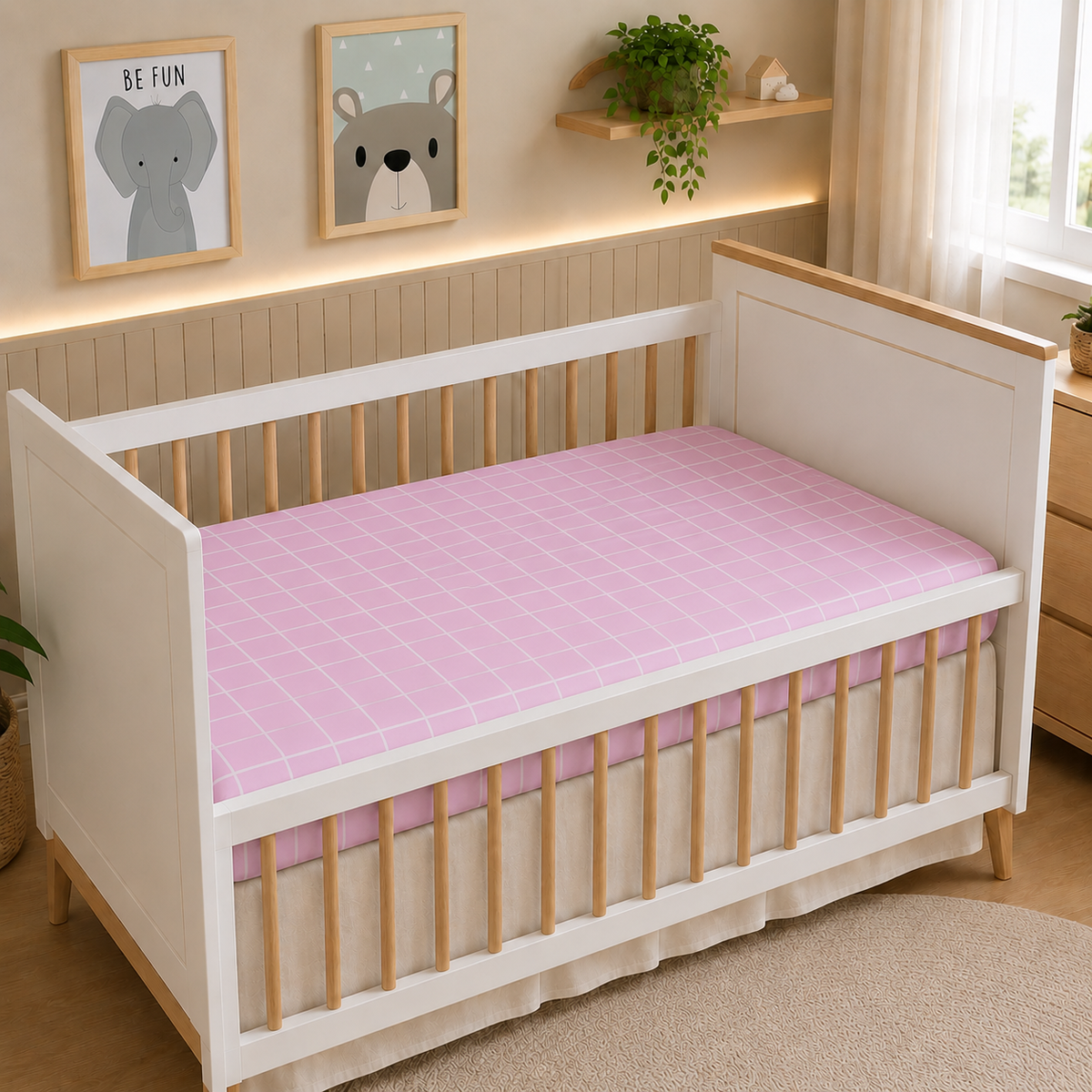 Lençol Estampado para Berço 100% Algodão Grid Rosa
