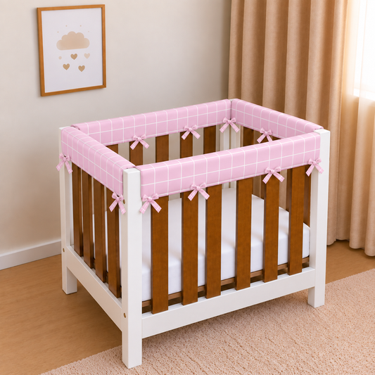 Protetor de Grade para Mini Berço Acolchoado 4 Peças Grid Rosa